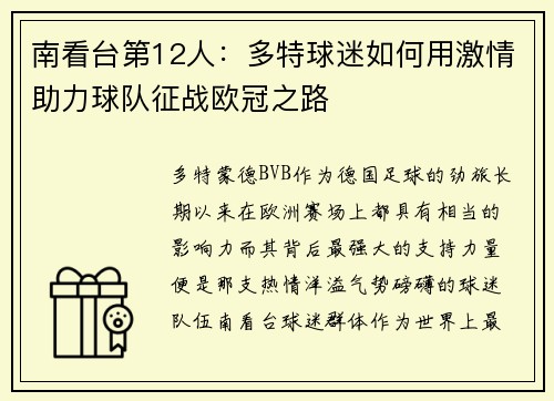 南看台第12人：多特球迷如何用激情助力球队征战欧冠之路