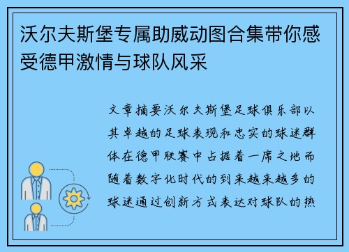 沃尔夫斯堡专属助威动图合集带你感受德甲激情与球队风采