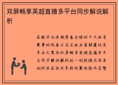 双屏畅享英超直播多平台同步解说解析